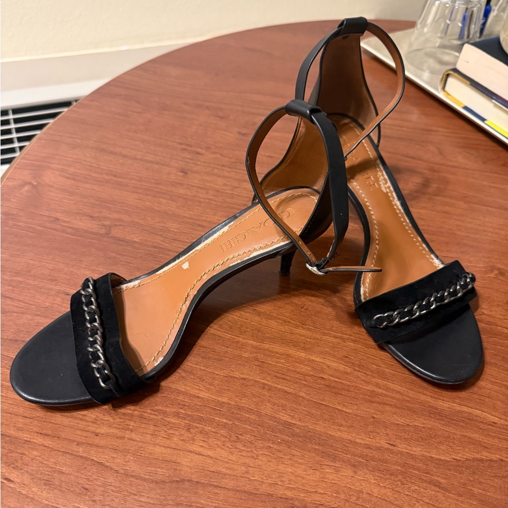 Coach Chain Mid Heel Sandals in black leather with a chain detail strap
